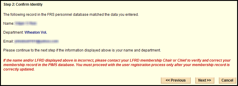 User Registration - Confirm Identity screen