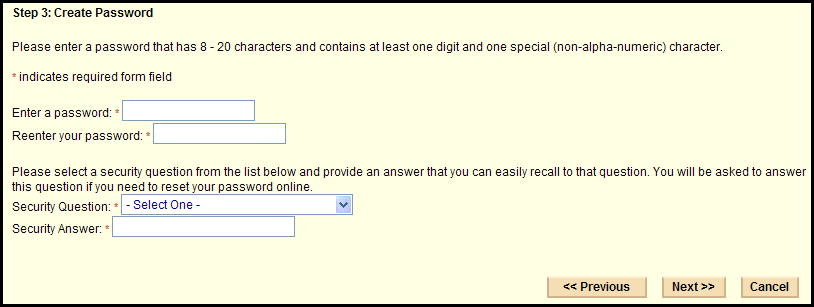 User Registration - Create Password screen