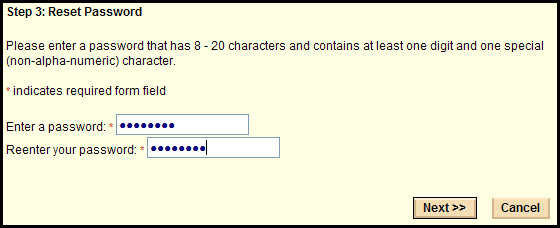 Reset Account Password - Enter Password Screen
